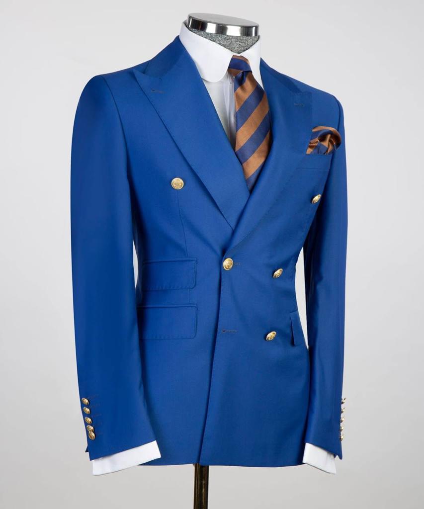 Costume pour homme, 2 pièces, double boutonnage, bleu royal, revers en pointe, conçu pour un look élégant, TPL