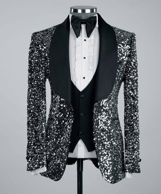 Smoking pour homme, 3 pièces, brillant, paillettes, gris/noir, costume, look élégant, idéal pour mariage, spectacles, bal, célébrations, TXT