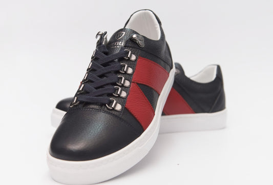 Casual, fait à la main, chaussures pour hommes en cuir véritable 9068 bleu marine/rouge