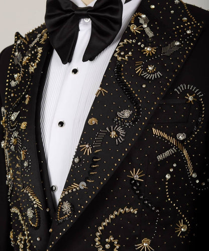 Smoking brillant 2 pièces pour homme, costume, pierre cousue, noir, or, costume, idéal pour mariage, spectacles, bal, célébrations 