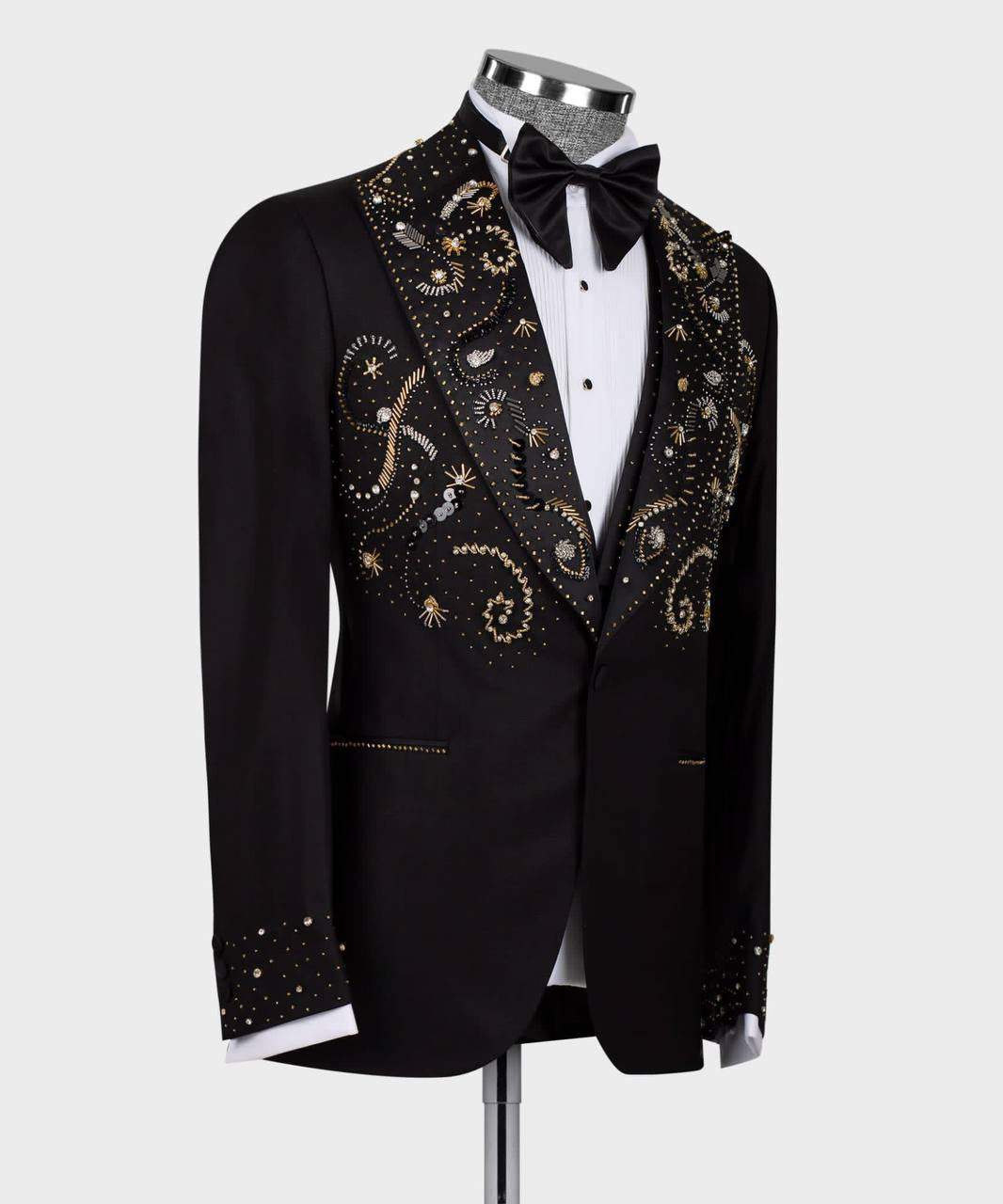 Smoking brillant 2 pièces pour homme, costume, pierre cousue, noir, or, costume, idéal pour mariage, spectacles, bal, célébrations 