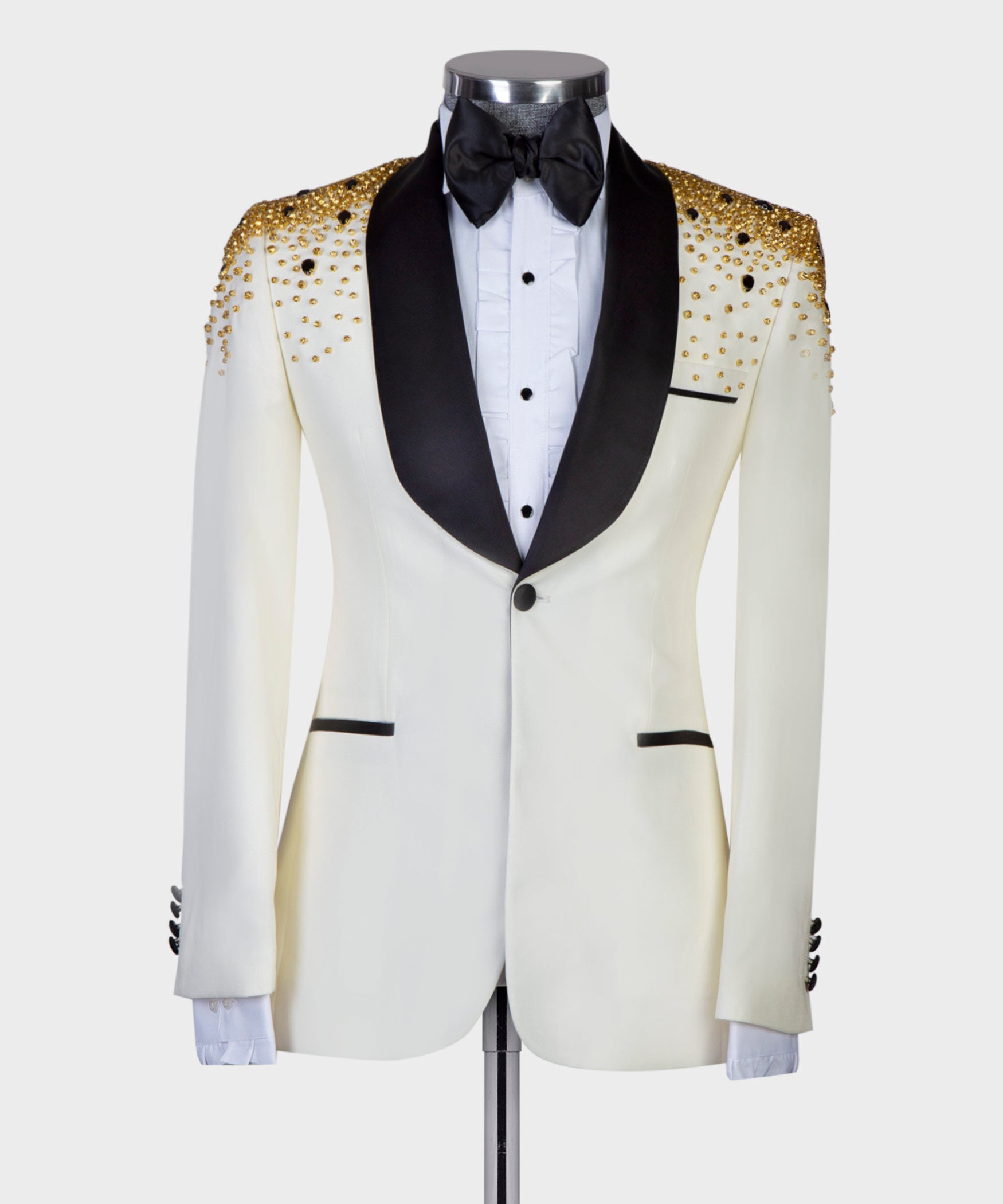 Herren 2-teiliger Smoking, Anzug, Beige, Perlenbesetzt Stylisch