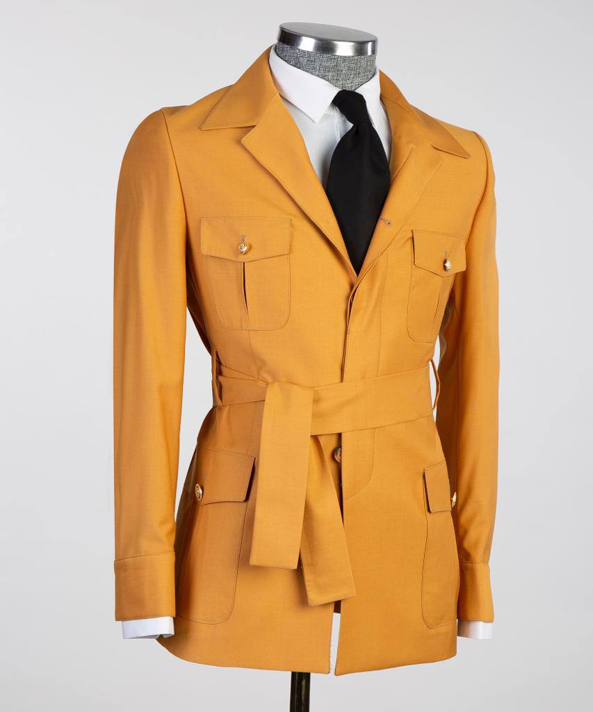 Men's 2 Piece Suit, Yellow, Belted Design, Costume, Blazer with Pockets