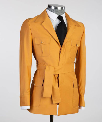 Men's 2 Piece Suit, Yellow, Belted Design, Costume, Blazer with Pockets