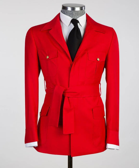 Costume 2 pièces pour hommes, rouge, design ceinturé, costume, blazer avec poches 
