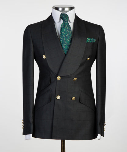 Smoking croisé 2 pièces pour homme, costume, noir, revers châle, look élégant à carreaux, idéal pour mariage, fêtes, bal, célébrations
