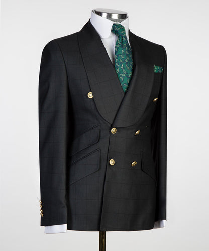 Smoking croisé 2 pièces pour homme, costume, noir, revers châle, look élégant à carreaux, idéal pour mariage, fêtes, bal, célébrations