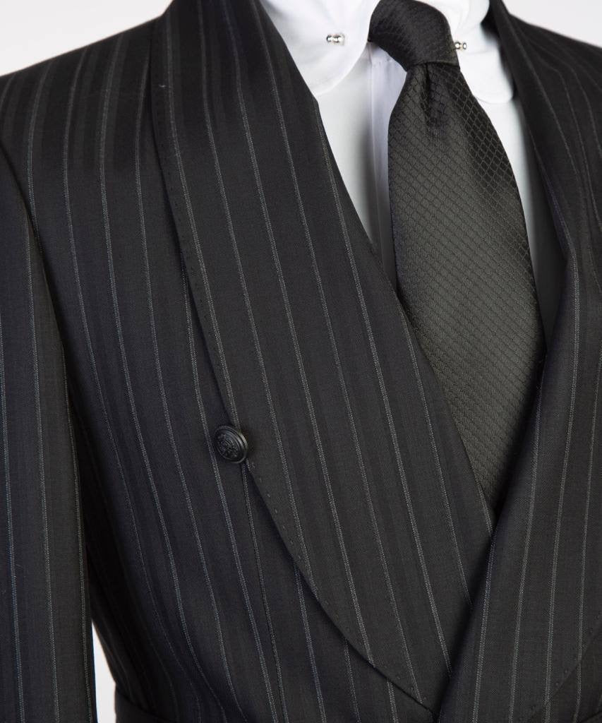 Costume 2 pièces pour homme, rayé noir/gris, design ceinturé, déguisement 