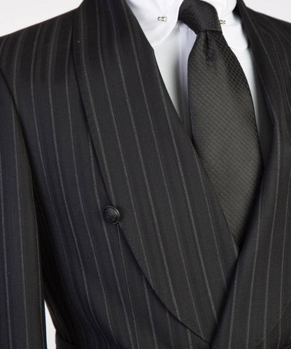 Costume 2 pièces pour homme, rayé noir/gris, design ceinturé, déguisement 