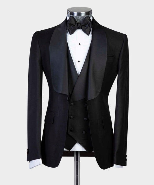 Smoking 3 pièces pour homme, costume, noir, look élégant, idéal pour mariage, affaires, bal, célébrations 