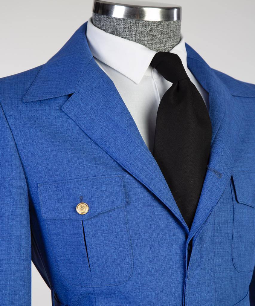 Costume 2 pièces pour hommes, bleu, design ceinturé, costume, blazer avec poches 