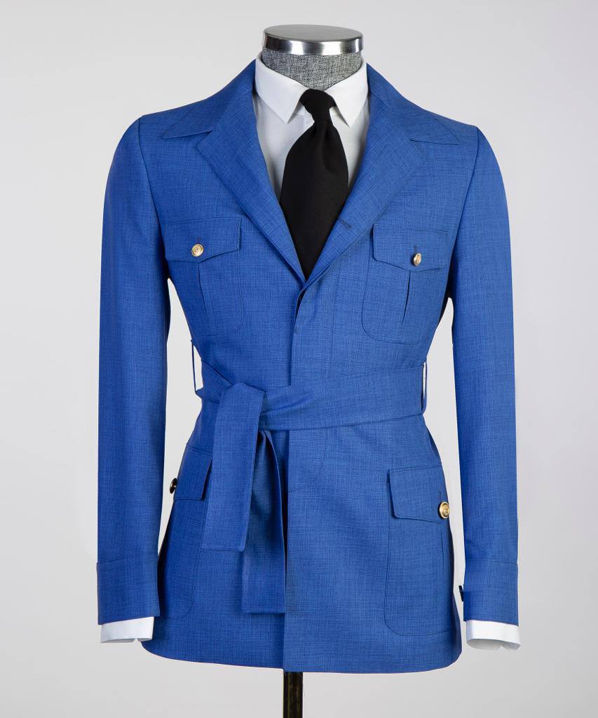 Costume 2 pièces pour hommes, bleu, design ceinturé, costume, blazer avec poches 