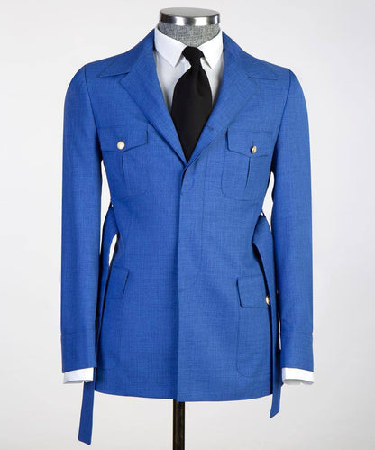 Costume 2 pièces pour hommes, bleu, design ceinturé, costume, blazer avec poches 