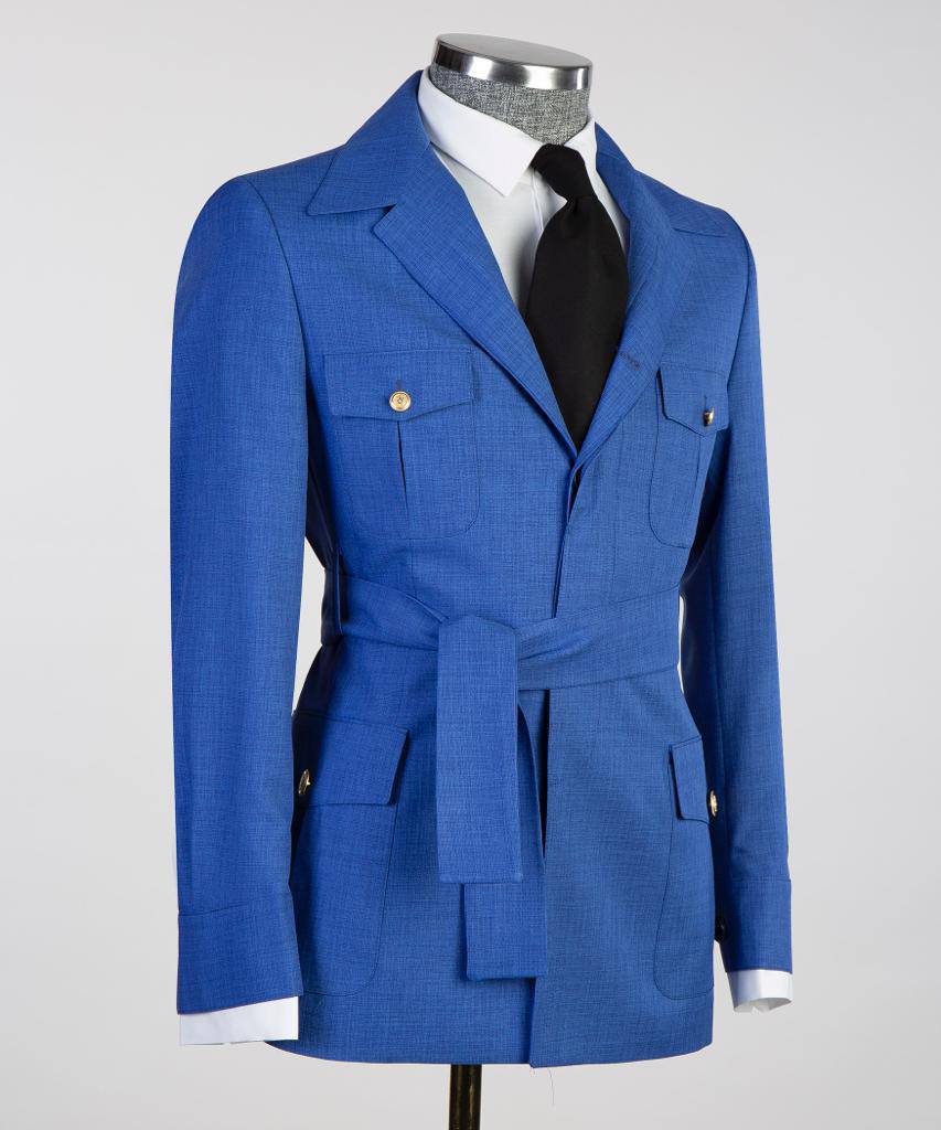 Costume 2 pièces pour hommes, bleu, design ceinturé, costume, blazer avec poches 