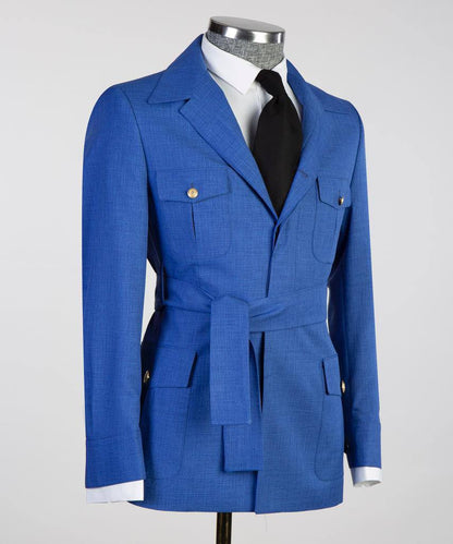 Costume 2 pièces pour hommes, bleu, design ceinturé, costume, blazer avec poches 