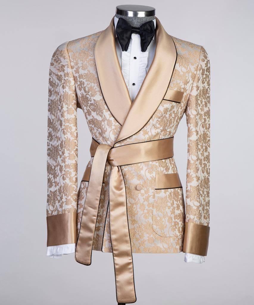 Men's 3 Piece Double Breasted Milky Brown Lace Designed Tuxedo