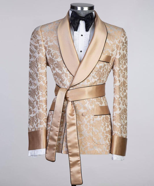 Men's 3 Piece Double Breasted Milky Brown Lace Designed Tuxedo