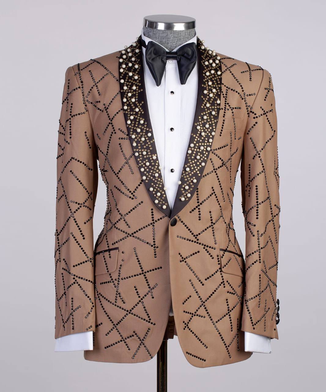 Smoking brillant 2 pièces pour homme, costume, pierre cousue, costume marron revers noir, costume, look élégant, idéal pour mariage, spectacles, bal, célébrations 