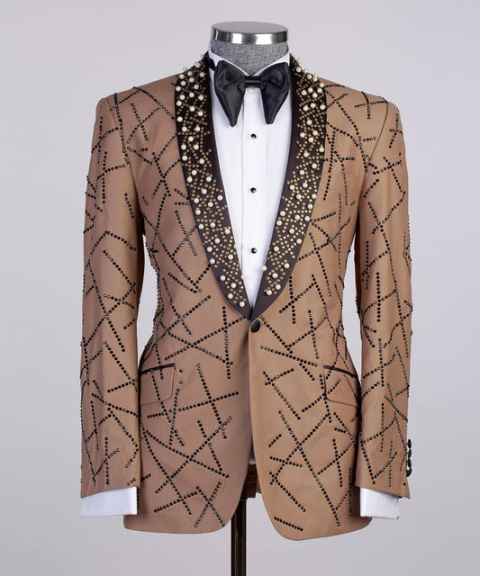 Smoking brillant 2 pièces pour homme, costume, pierre cousue, costume marron revers noir, costume, look élégant, idéal pour mariage, spectacles, bal, célébrations 