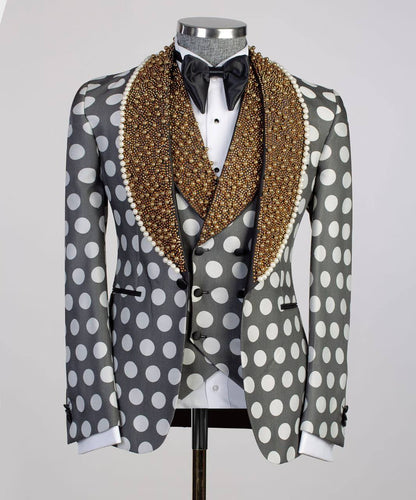 Smoking 3 pièces pour homme, brillant, pierre, costume, motif pointillé, blanc/noir, perlé, revers châle, idéal pour les mariages, les fêtes, le bal des finissants, les célébrations