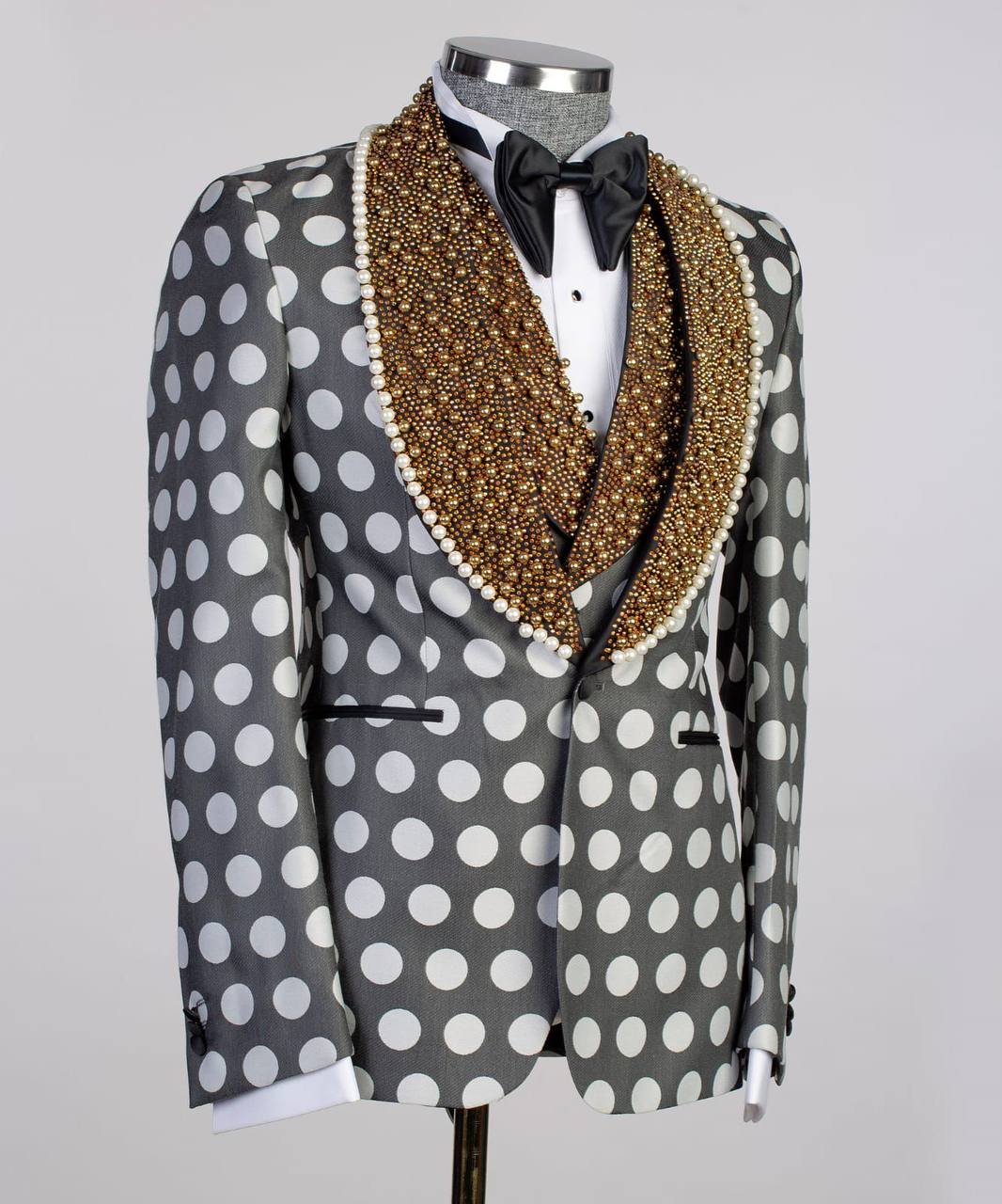 Smoking 3 pièces pour homme, brillant, pierre, costume, motif pointillé, blanc/noir, perlé, revers châle, idéal pour les mariages, les fêtes, le bal des finissants, les célébrations