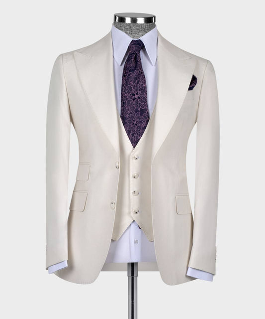 Costume 3 pièces pour homme, beige, revers en pointe, idéal pour mariage, affaires, bal, célébrations, fêtes, USP 