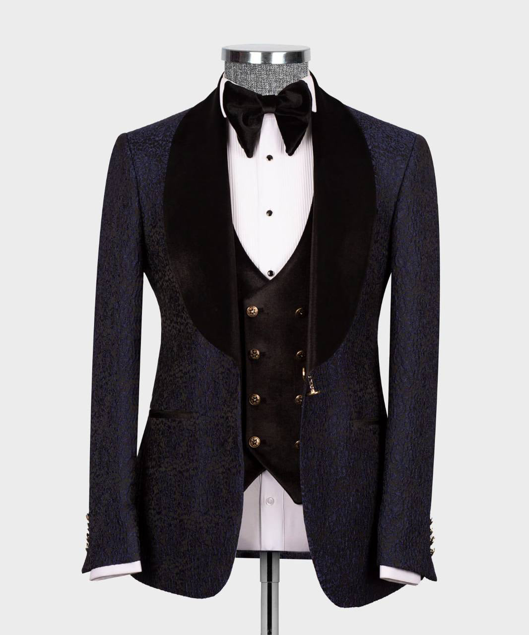 Herren 3-teiliger Smoking aus Samt mit Revers in Marineblau