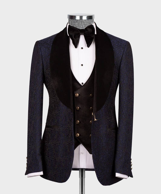 Men's 3 Piece Velvet Collar Navy Tuxedo