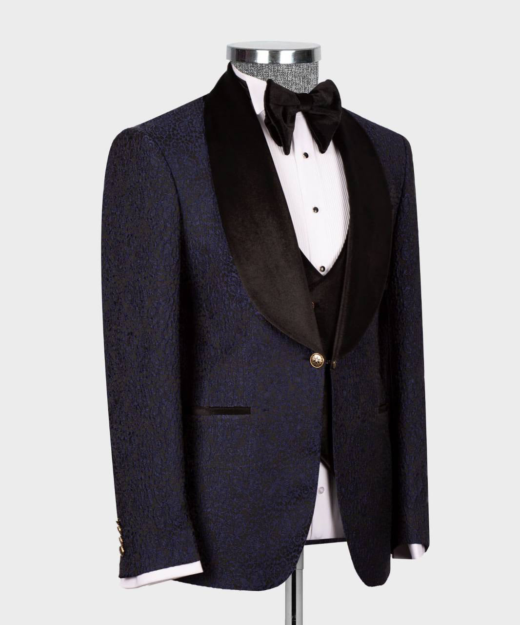 Herren 3-teiliger Smoking aus Samt mit Revers in Marineblau