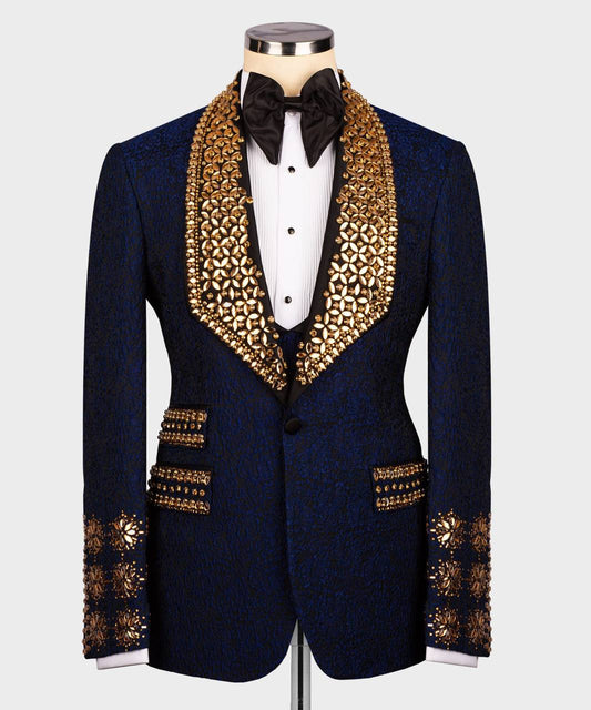 Men's 3 Piece Stone Stitched Navy/Gold Tuxedo