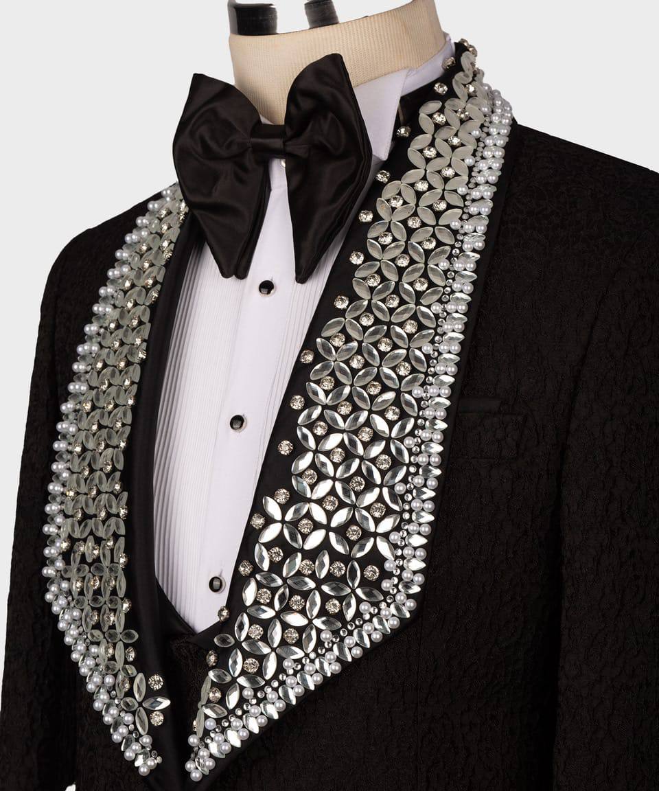 Smoking brillant 4 pièces pour homme, costume, pierre cousue, noir, argent, costume, idéal pour mariage, spectacles, bal, célébrations-RD