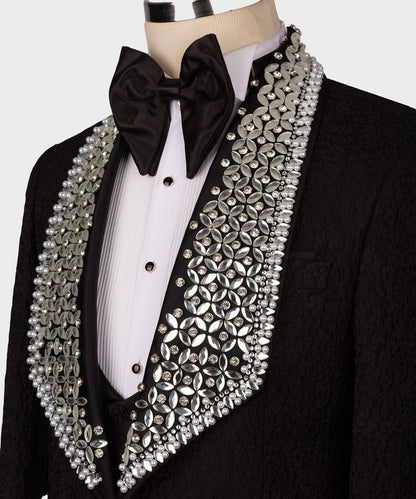 Smoking brillant 4 pièces pour homme, costume, pierre cousue, noir, argent, costume, idéal pour mariage, spectacles, bal, célébrations-RD