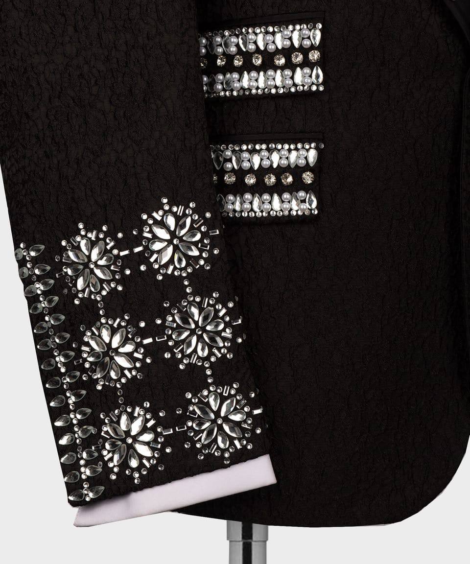 Smoking brillant 4 pièces pour homme, costume, pierre cousue, noir, argent, costume, idéal pour mariage, spectacles, bal, célébrations-RD