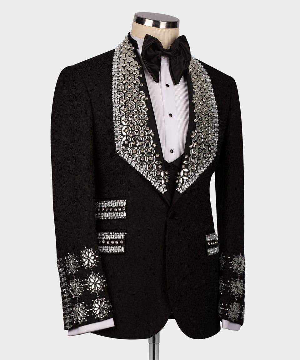 Smoking brillant 4 pièces pour homme, costume, pierre cousue, bleu, or, noir, vert-RD