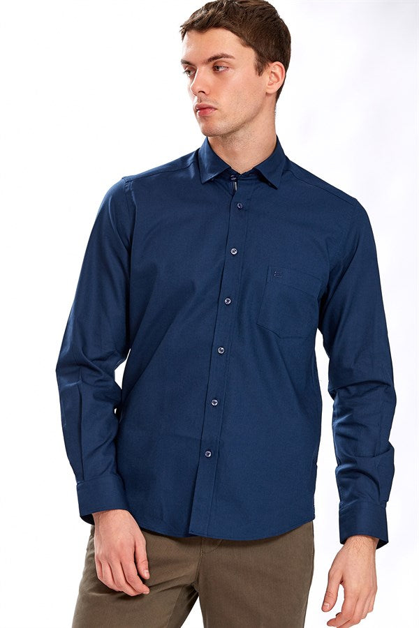 Herren Regular Fit Marineblaues Baumwollhemd - Vegas