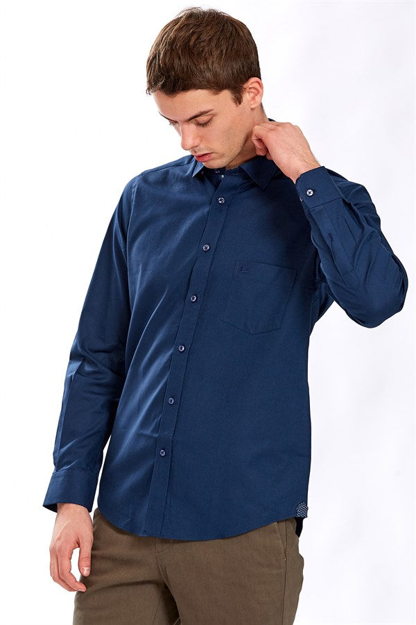 Herren Regular Fit Marineblaues Baumwollhemd - Vegas