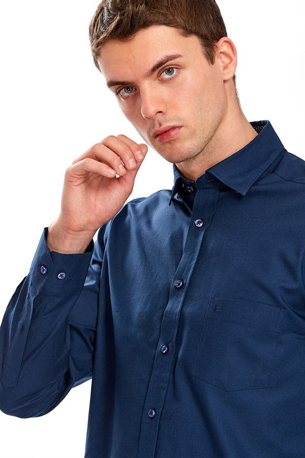 Herren Regular Fit Marineblaues Baumwollhemd - Vegas