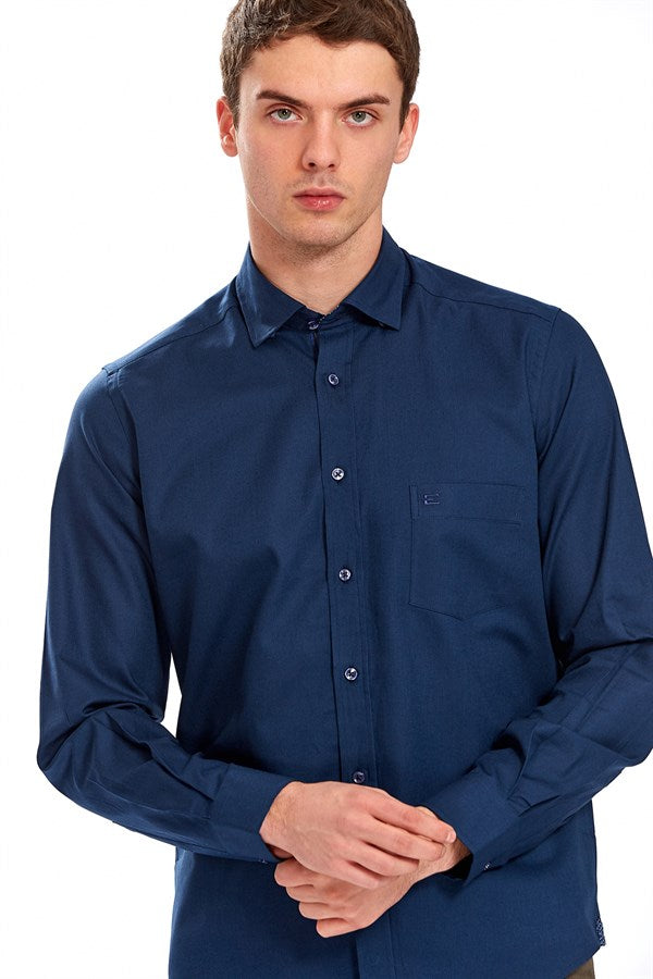 Herren Regular Fit Marineblaues Baumwollhemd - Vegas