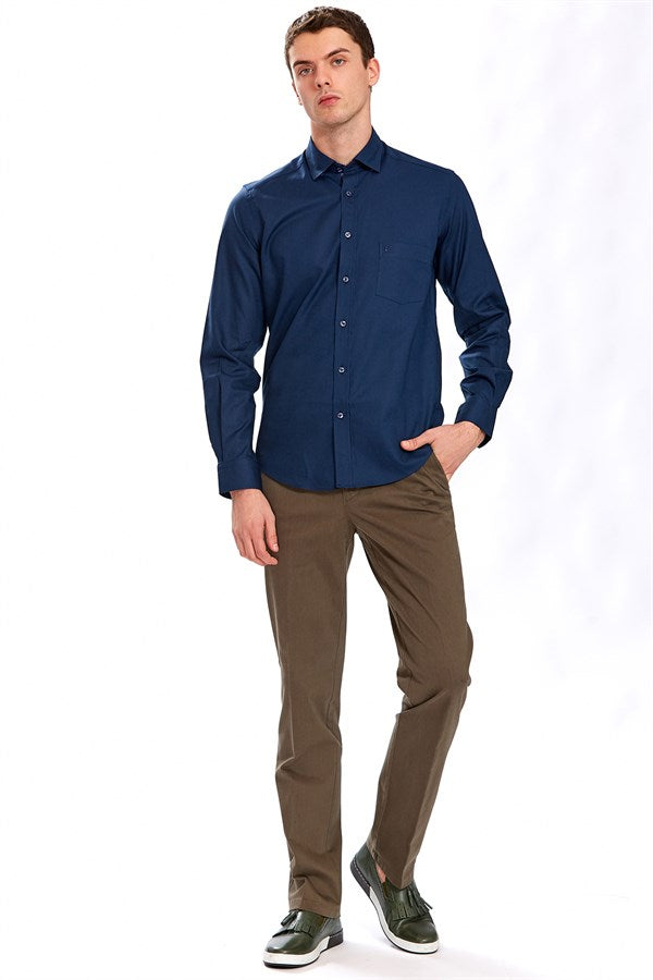 Herren Regular Fit Marineblaues Baumwollhemd - Vegas