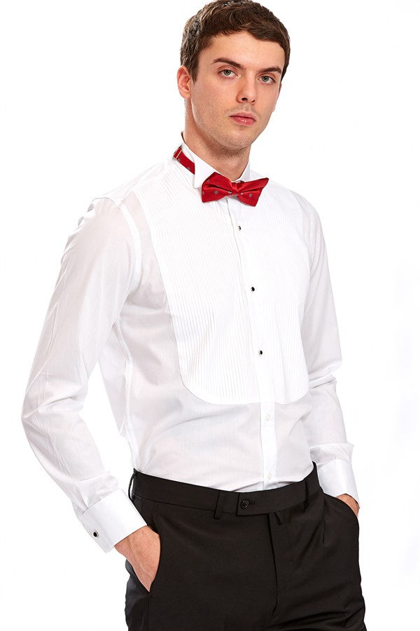 Men's Slim Fit White Cotton Shirt Pleaded- Brenta
