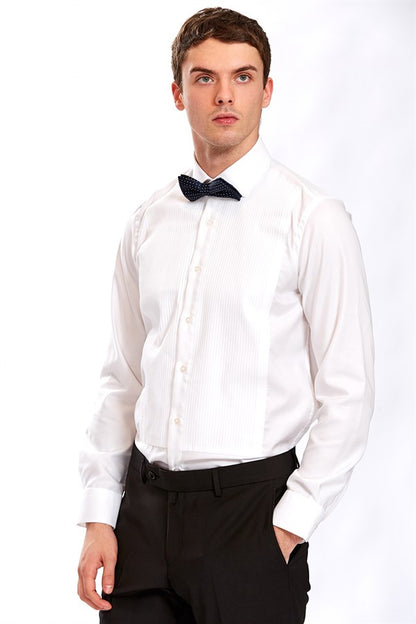 Men's Slim Fit White Cotton Shirt Pleaded- Marzio