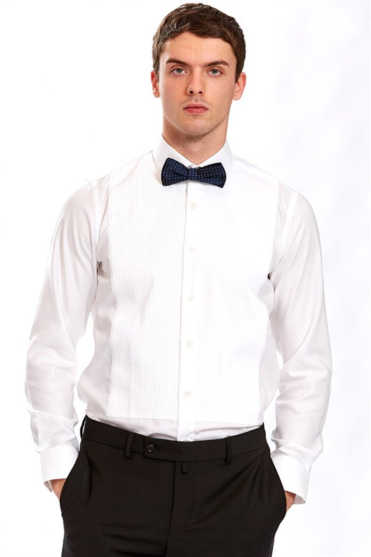 Men's Slim Fit White Cotton Shirt Pleaded- Marzio